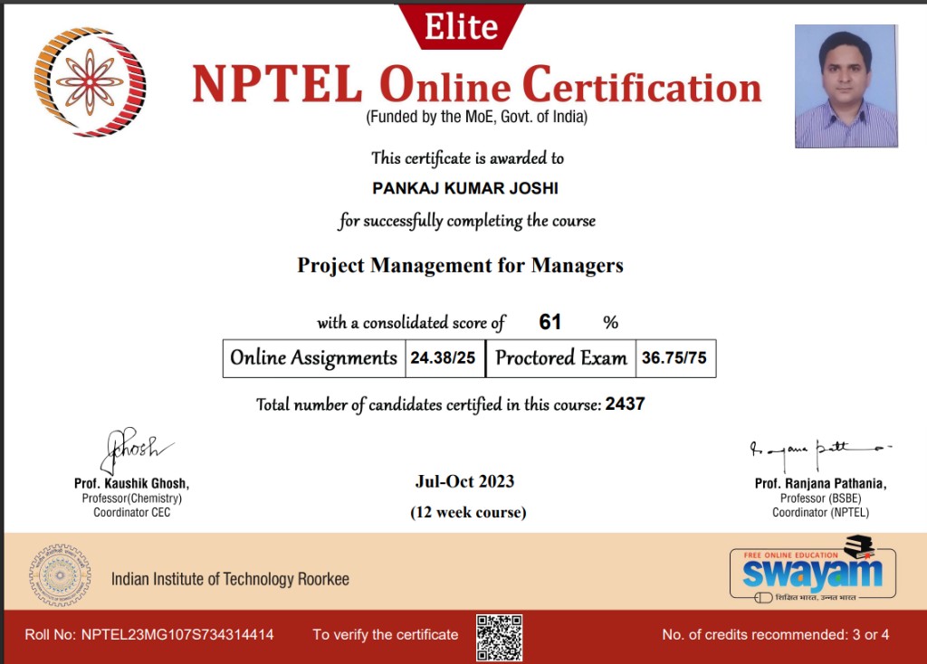 NPTEL Online Certification — Project Management for Managers (Elite), awarded to Pankaj Kumar Joshi, IIT Roorkee, July–October 2023