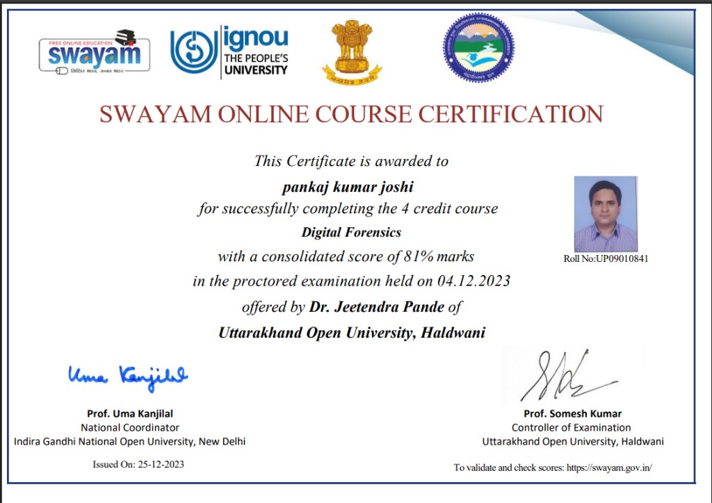 SWAYAM Online Course Certification — Digital Forensics, awarded to Pankaj Kumar Joshi, 81% marks, December 2023