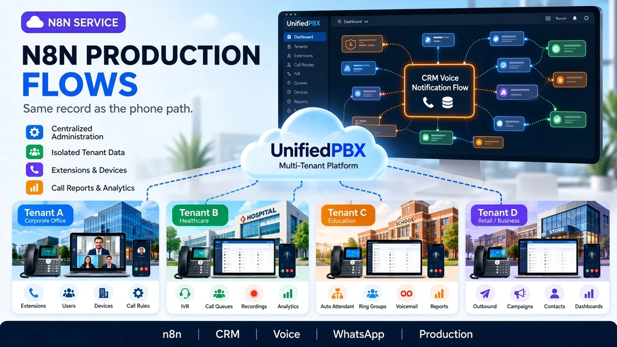 n8n automation connecting CRM, voice and WhatsApp workflows
