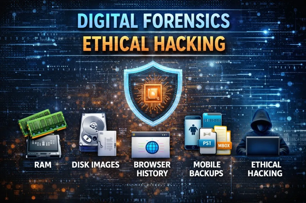 Digital forensics artifacts: RAM, disk images, browser history, mobile backups and security testing context