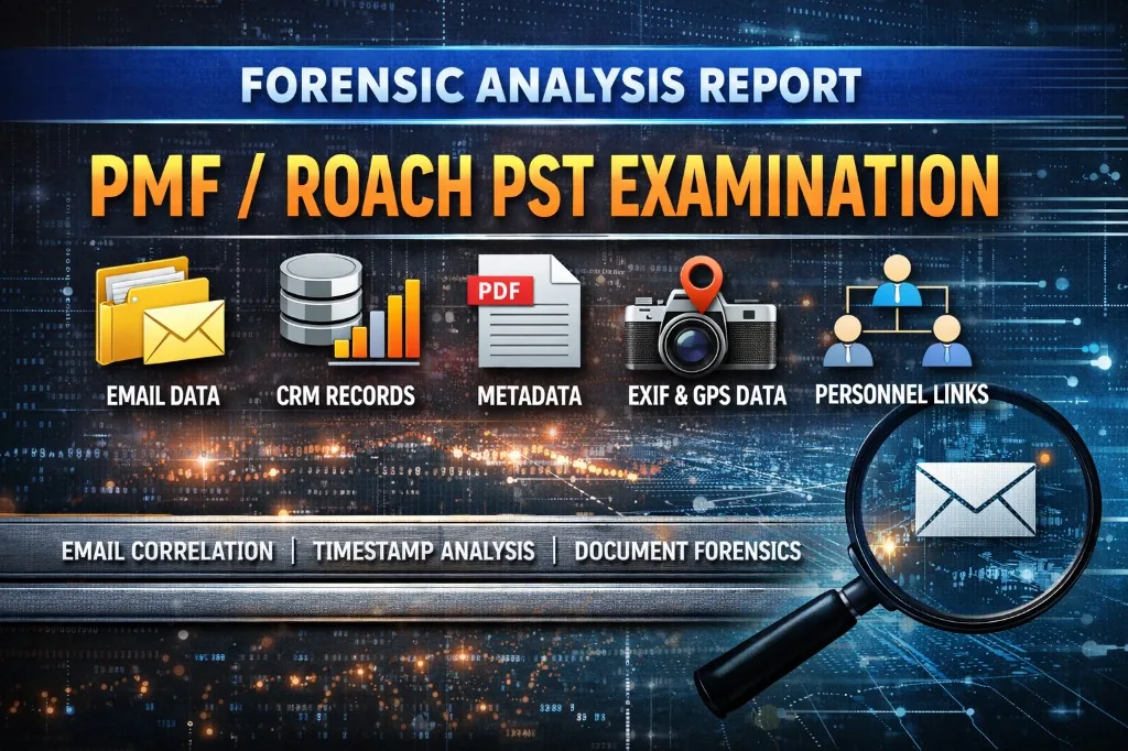 Forensic analysis report covering email data, CRM records, metadata, EXIF GPS and personnel links