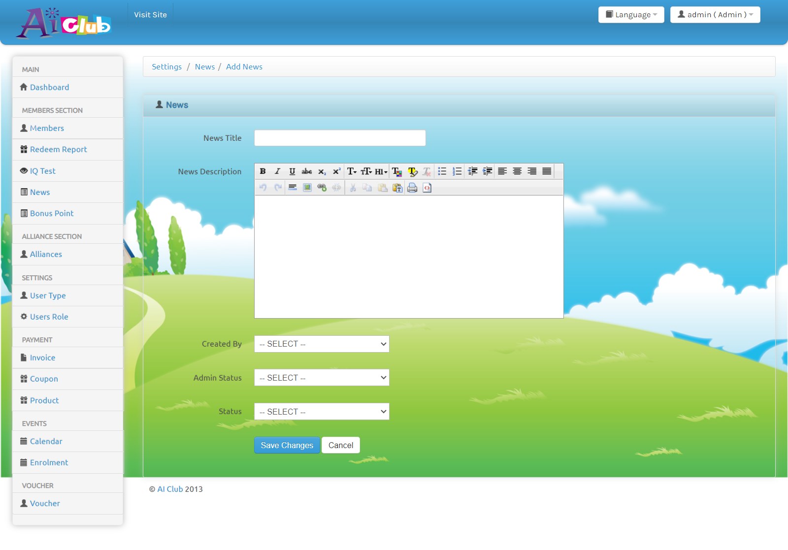 Membership loyalty platform admin Add News form with rich text editor and status dropdowns