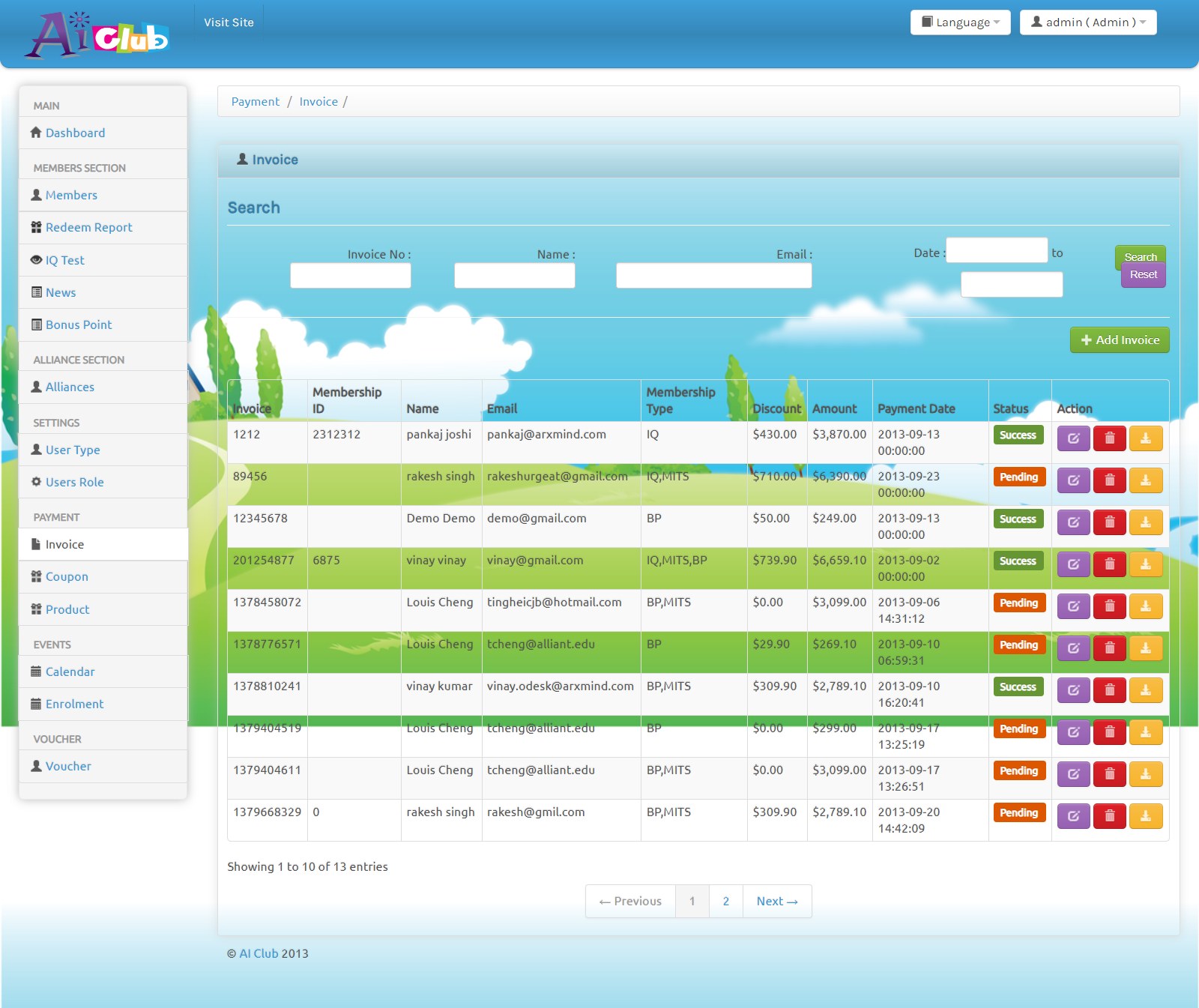 Membership loyalty platform admin invoice list with membership ID, discount, amount, payment date and Success or Pending status plus PDF download