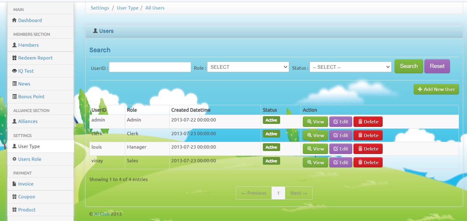 Membership loyalty platform admin user list with Admin Clerk Manager Sales roles and active status