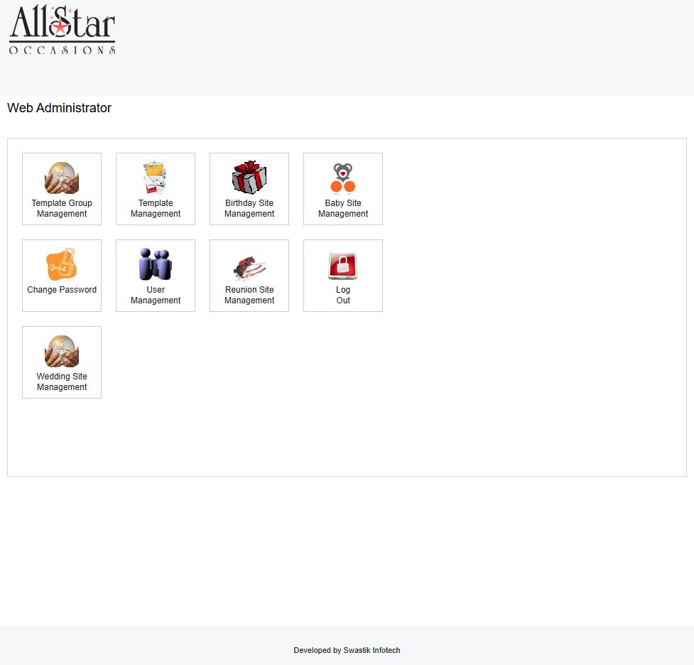 Event website builder web administrator dashboard with template wedding reunion and baby site management tiles