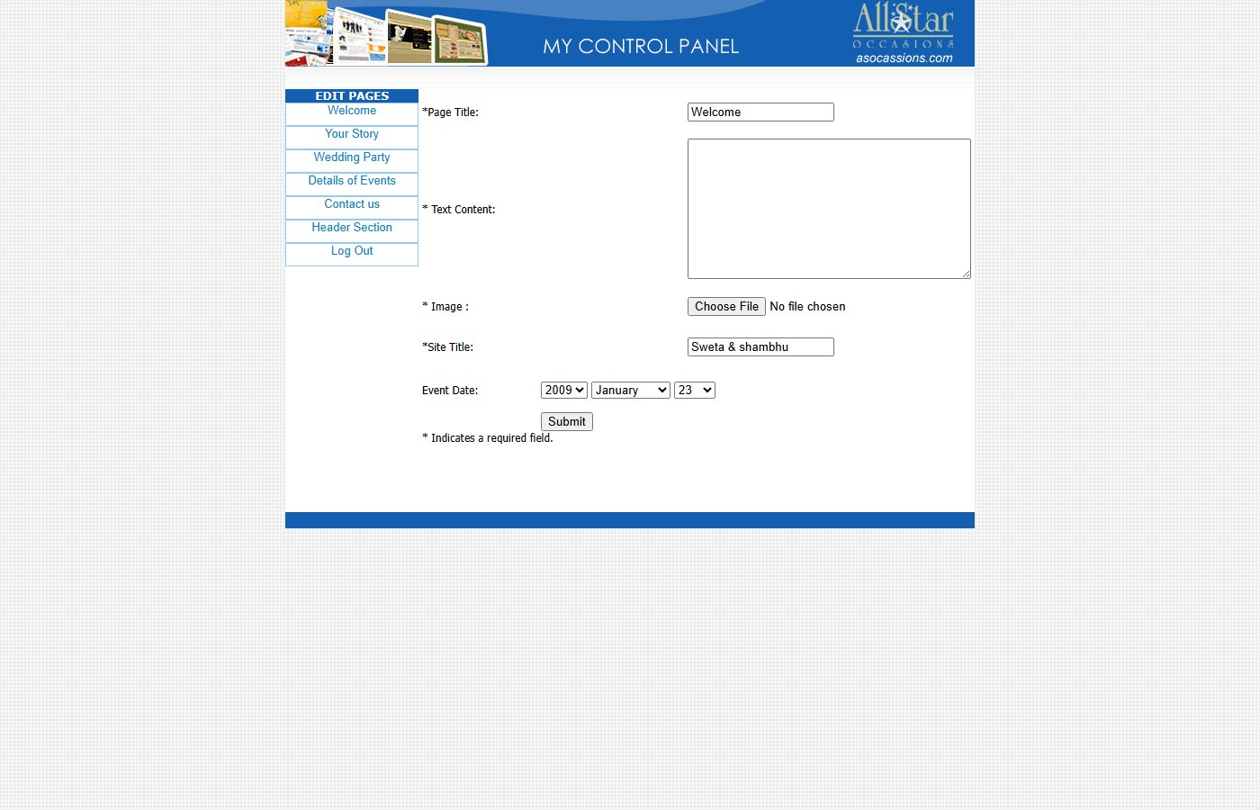 Event website builder welcome page editor with site title event date and image upload fields