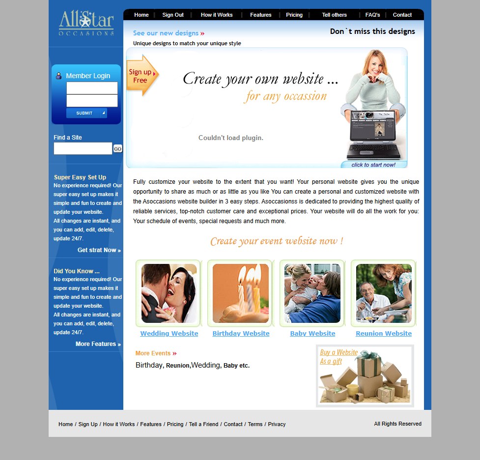 Event website builder marketing homepage with wedding birthday baby and reunion website categories