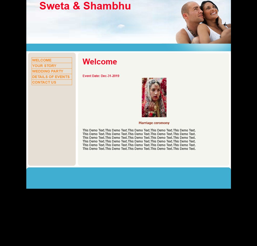 Generated Event website builder wedding microsite with welcome navigation and couple hero content