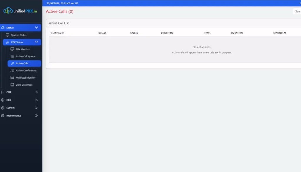Active Calls empty list with zero live channels