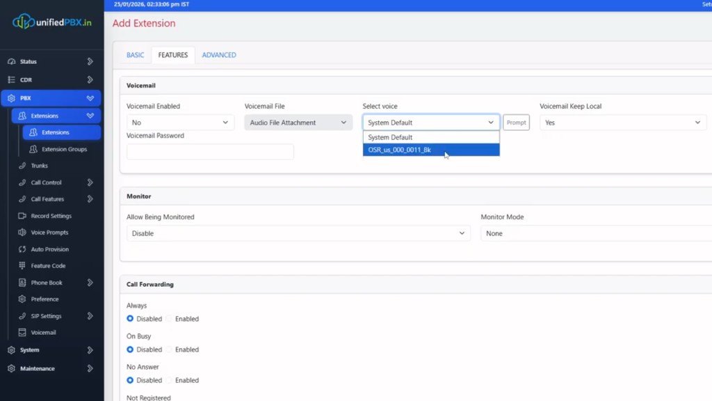 Add Extension Features tab with voicemail, monitor and call forwarding controls