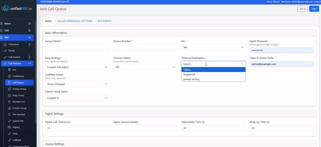 Add Call Queue form with ring strategy, timeout action IVR and agent timers