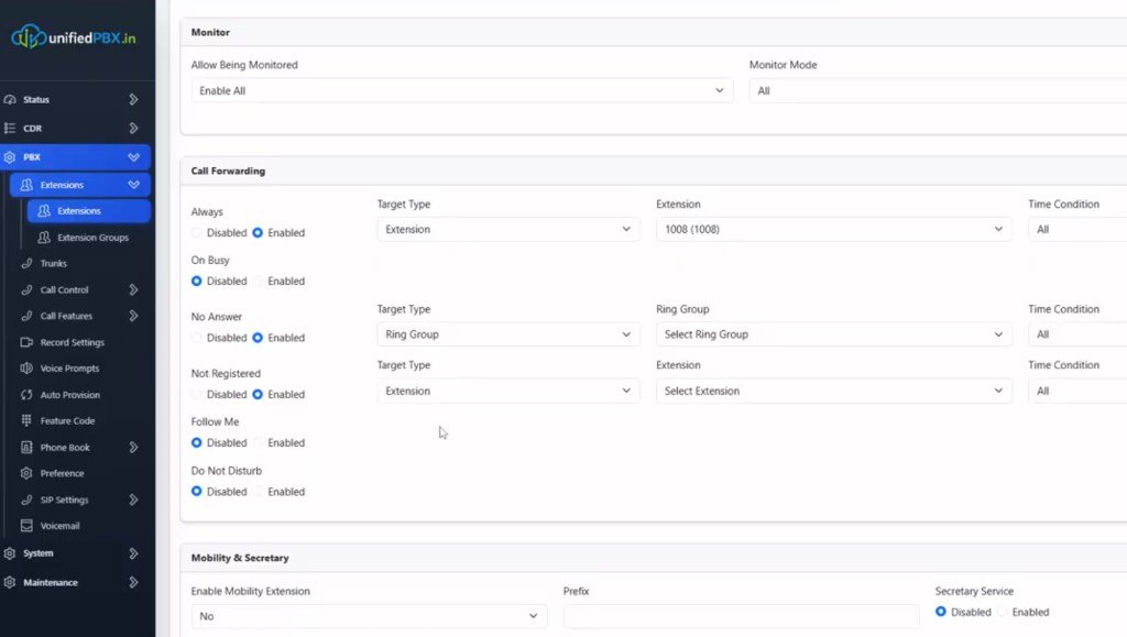 Call forwarding targets for always, busy, no answer and not registered