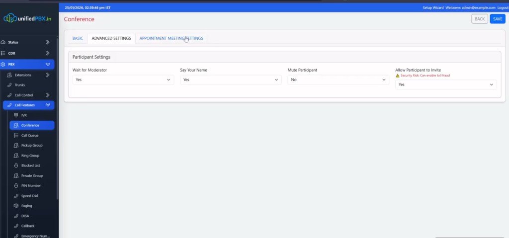 Conference Appointment Meeting Settings with wait for moderator and mute flags