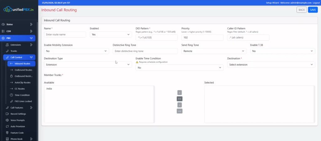 Inbound Call Routing form with DID pattern, priority and destination type