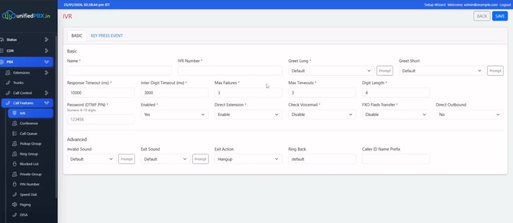 IVR Basic settings for greetings, timeouts, digit length and exit action