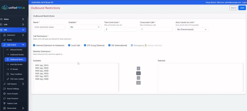 Outbound Restrictions with internal, local, STD, ISD and emergency checkboxes