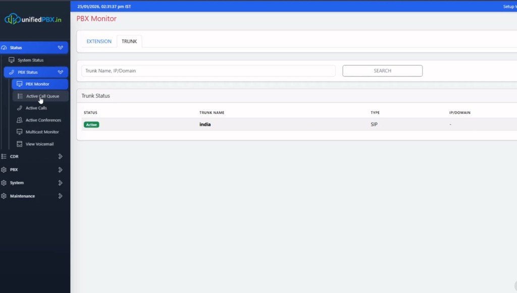 PBX Monitor trunk status with one Active SIP trunk labelled india