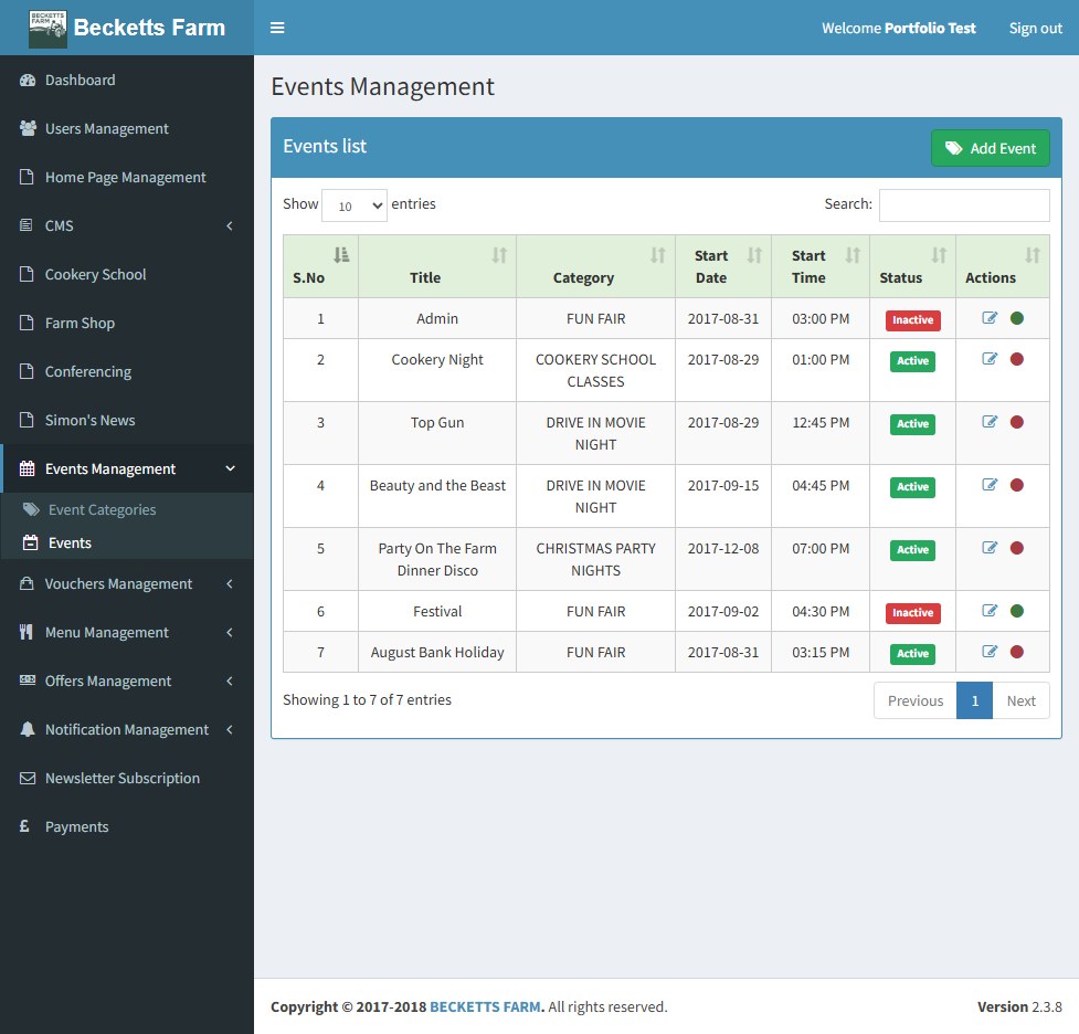 Events management list with categories start dates and active status