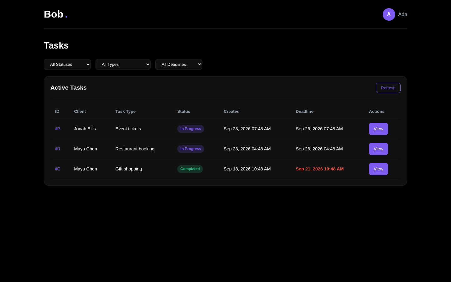 Admin dashboard listing Maya and Jonah tasks with status filters, deadlines and view actions