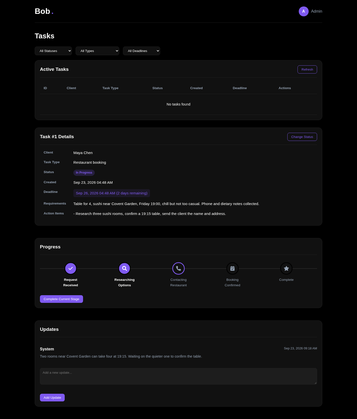 Admin task page with stage completion control, requirements, action items and update form for restaurant booking