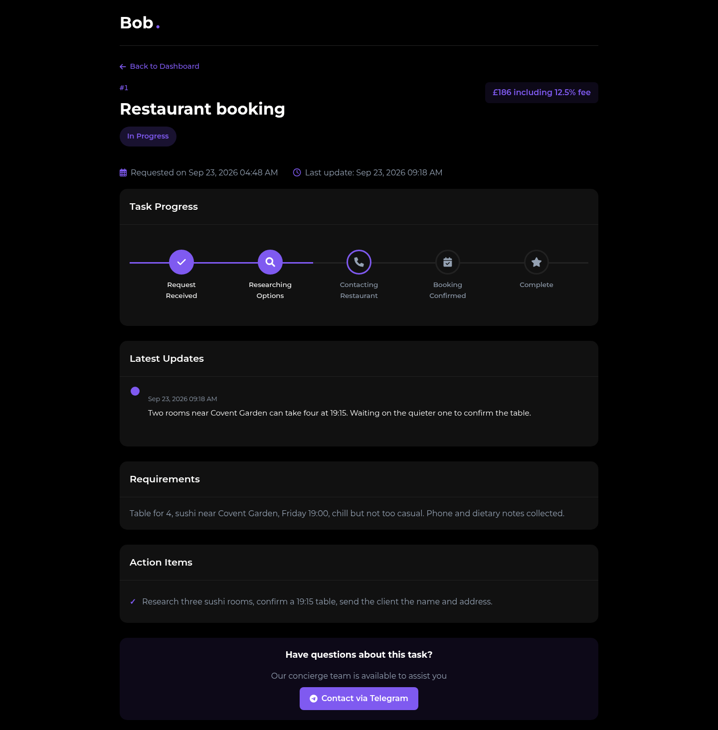 Client task page for Maya restaurant booking with GBP price, read-only progress bar at Researching Options, and concierge update note