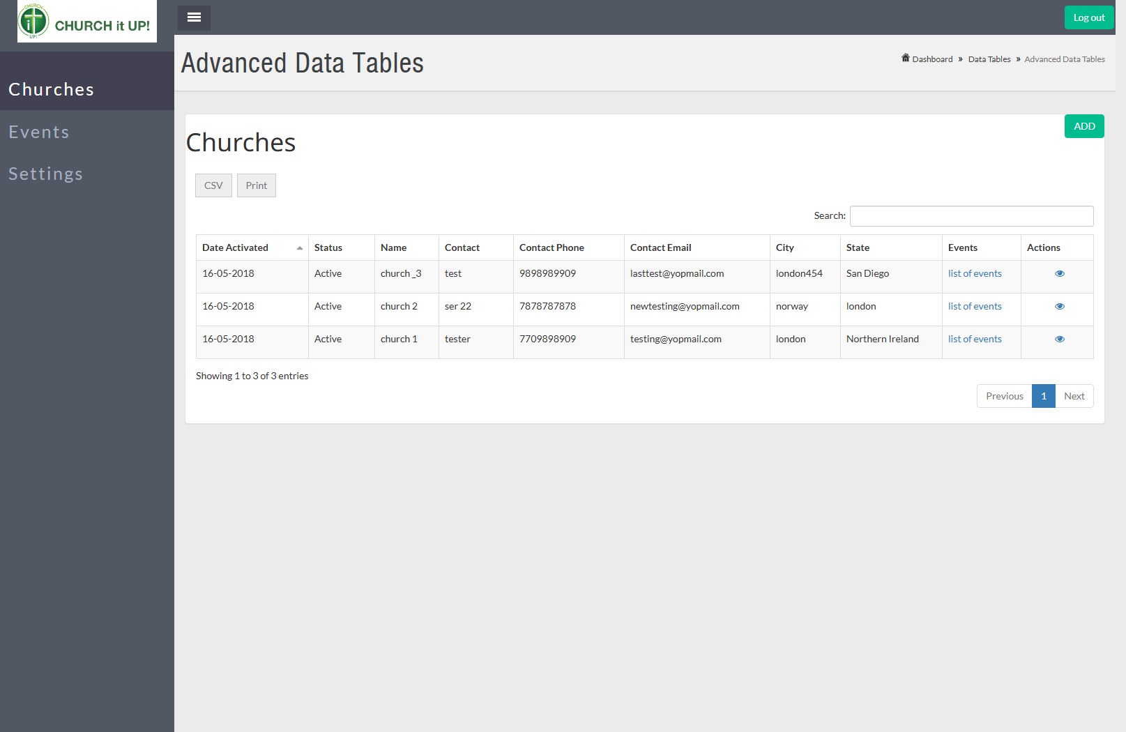Platform admin church registry with contact details and activation status