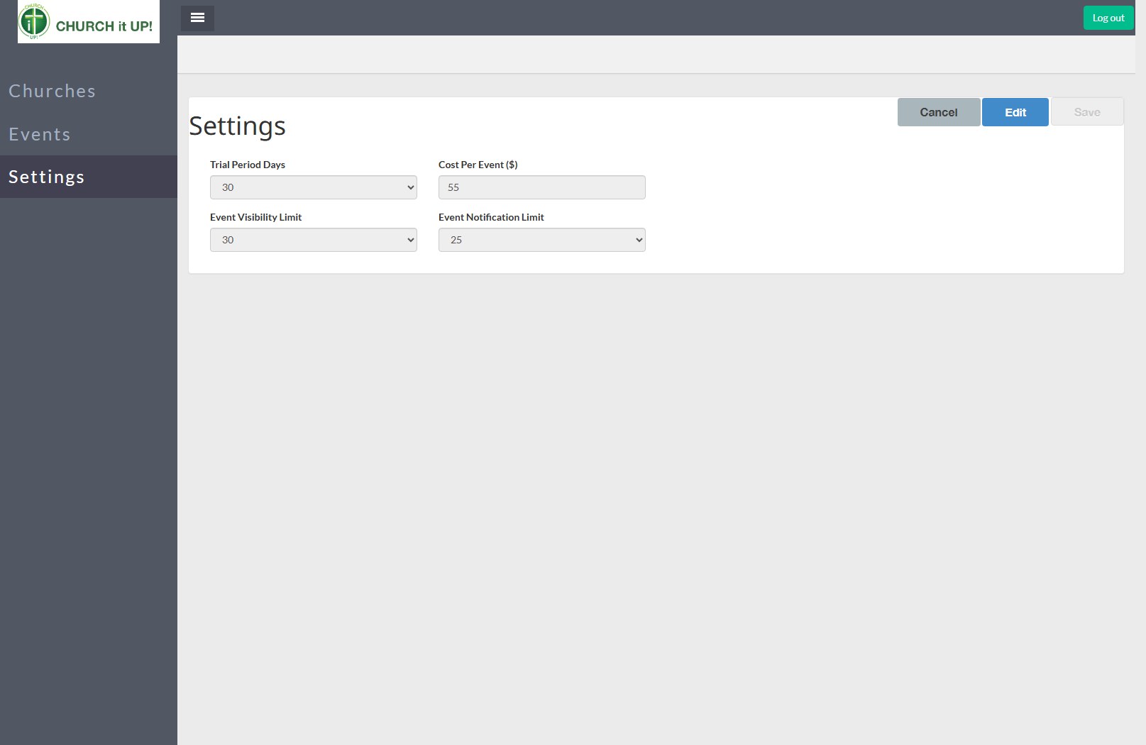 Admin settings for trial period per-event cost and notification limits