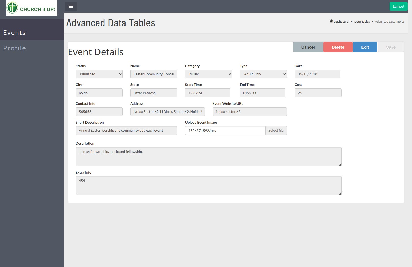 Church event edit form with category schedule geocoded address cost descriptions and image upload