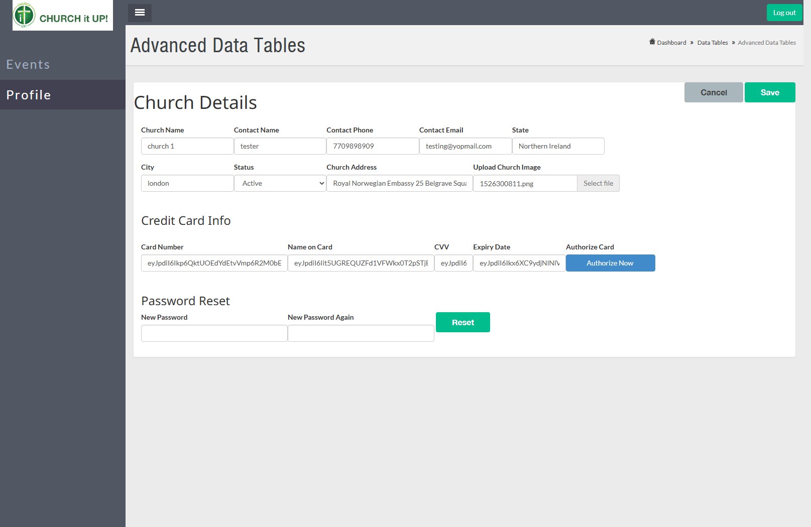 Church profile with contact address Authorize.net card vault and password reset