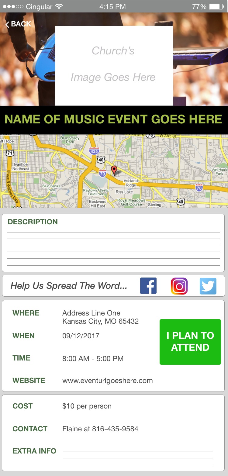 Mobile event detail with map description social share and plan to attend
