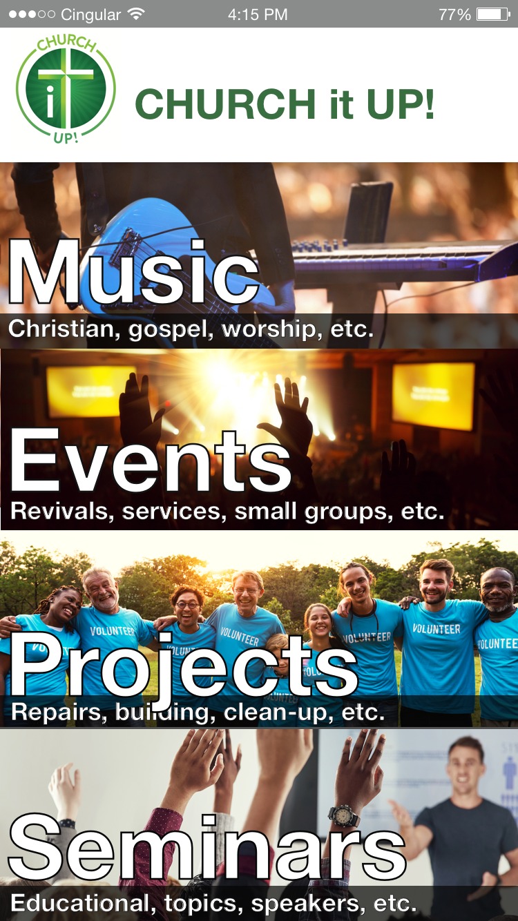 Mobile home screen with Music Events Projects and Seminars categories