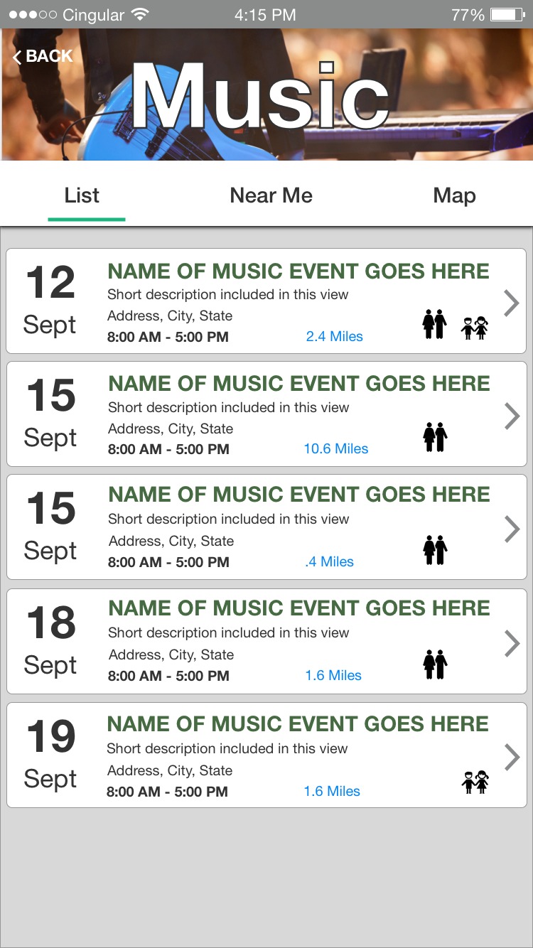 Mobile music event list with near me and map tabs
