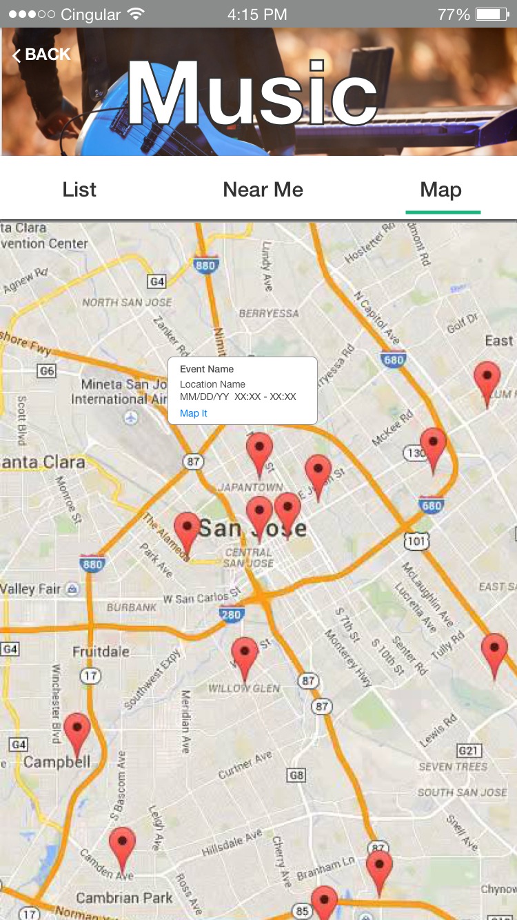 Mobile map view with music event pins