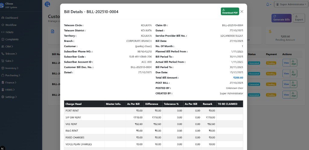 Telecom ERP customer bill details modal with charge heads and PDF download