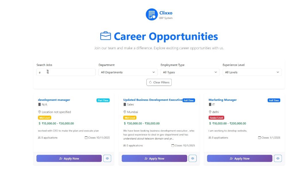 Telecom ERP public Career Opportunities page with job filters and Apply Now