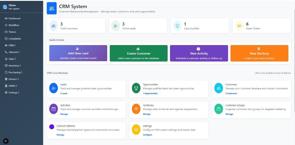 Telecom ERP CRM dashboard showing customers, leads, opportunities and quick actions