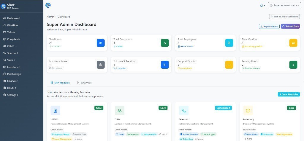 Telecom ERP Super Admin dashboard with eight core modules