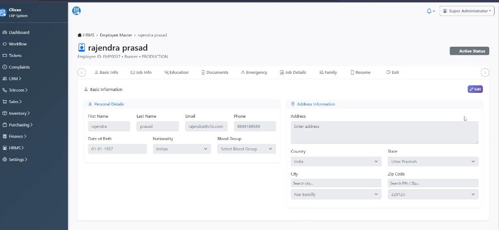 Telecom ERP Super Admin employee master with personal and address tabs