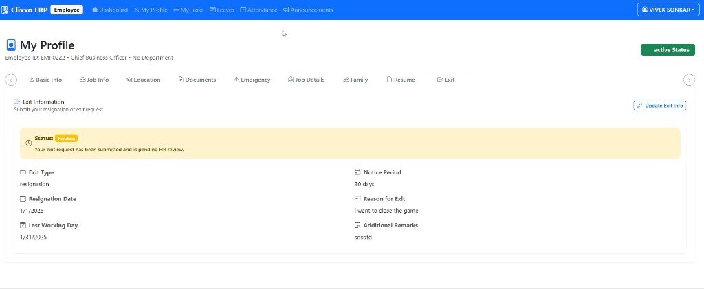 Telecom ERP employee My Profile exit tab with pending HR review