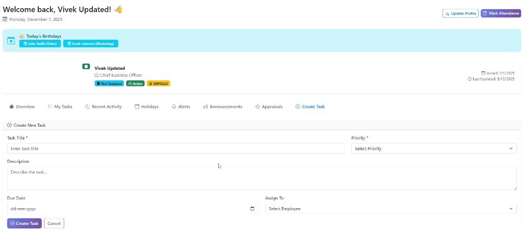 Telecom ERP employee portal creating a task with attendance and profile actions