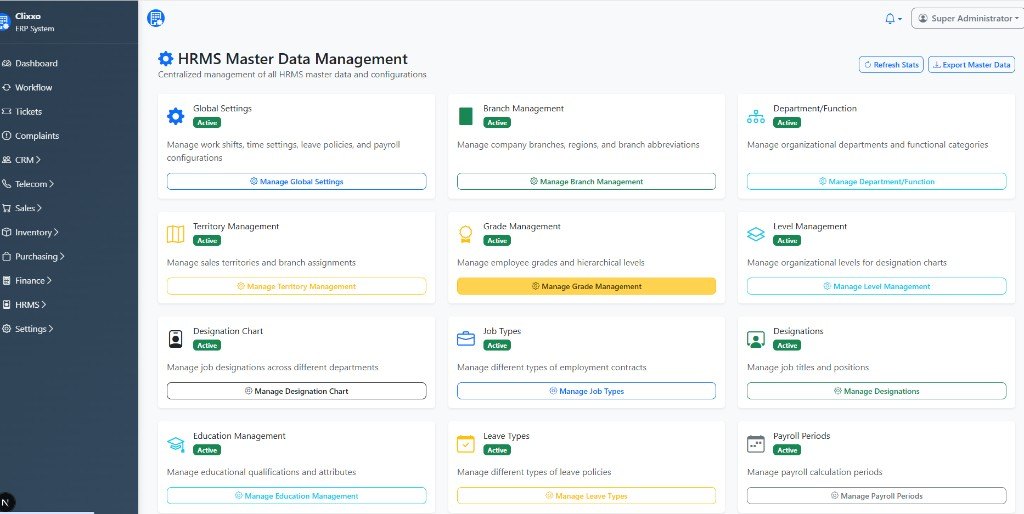Telecom ERP HRMS master data: branches, grades, designations, leave types and payroll periods