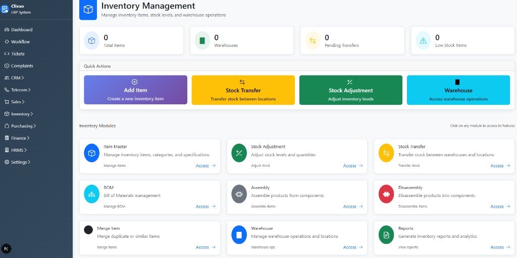 Telecom ERP inventory management with warehouse, BOM and stock module cards