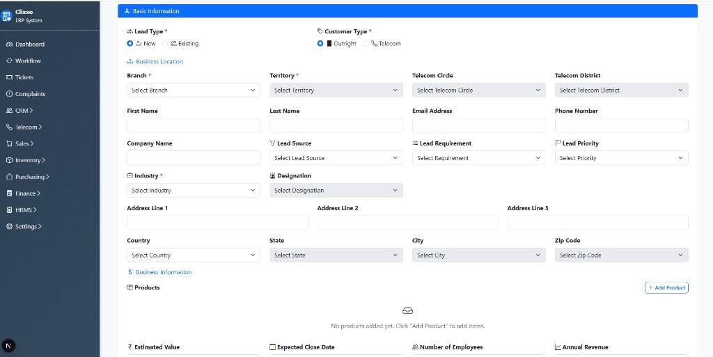 Telecom ERP lead form with Outright and Telecom customer types plus branch and territory