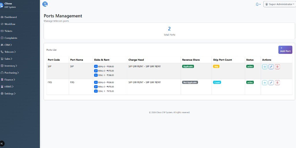 Telecom ERP ports list with SIP and FXS slab rents and charge heads