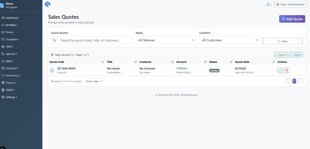 Telecom ERP sales quotes list with search, status filter and a pending test quote