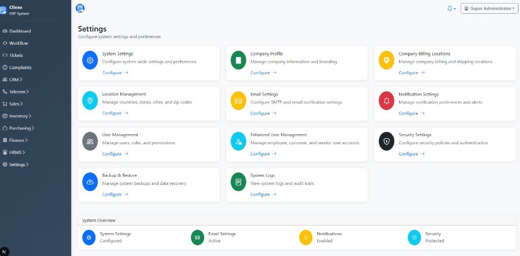Telecom ERP settings grid: SMTP, notifications, users, security, backup and system logs