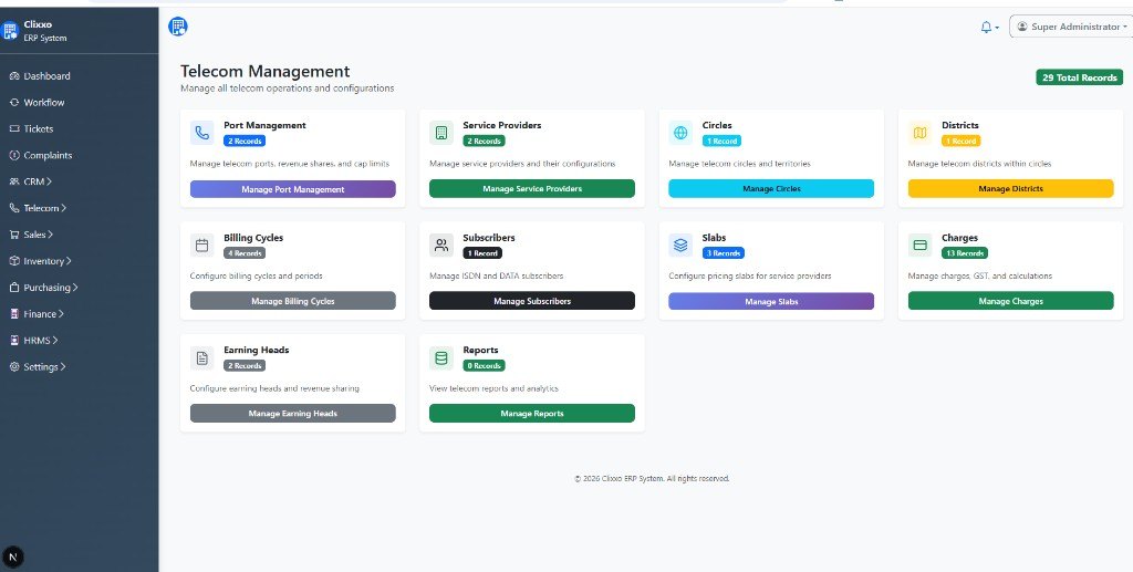 Telecom ERP management hub: ports, providers, circles, billing cycles, subscribers, slabs, charges