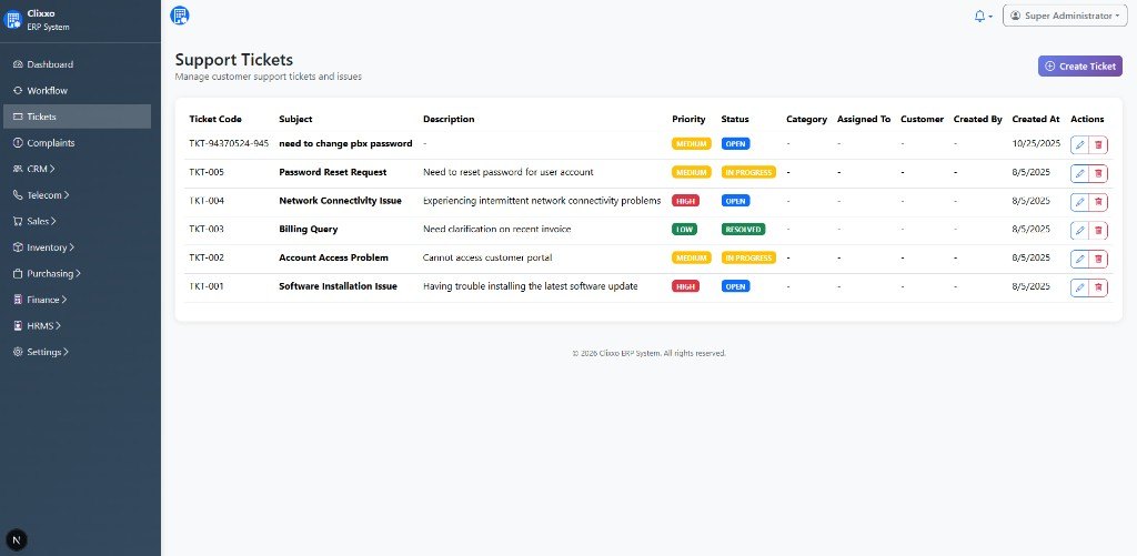 Telecom ERP support tickets list with priority and status badges