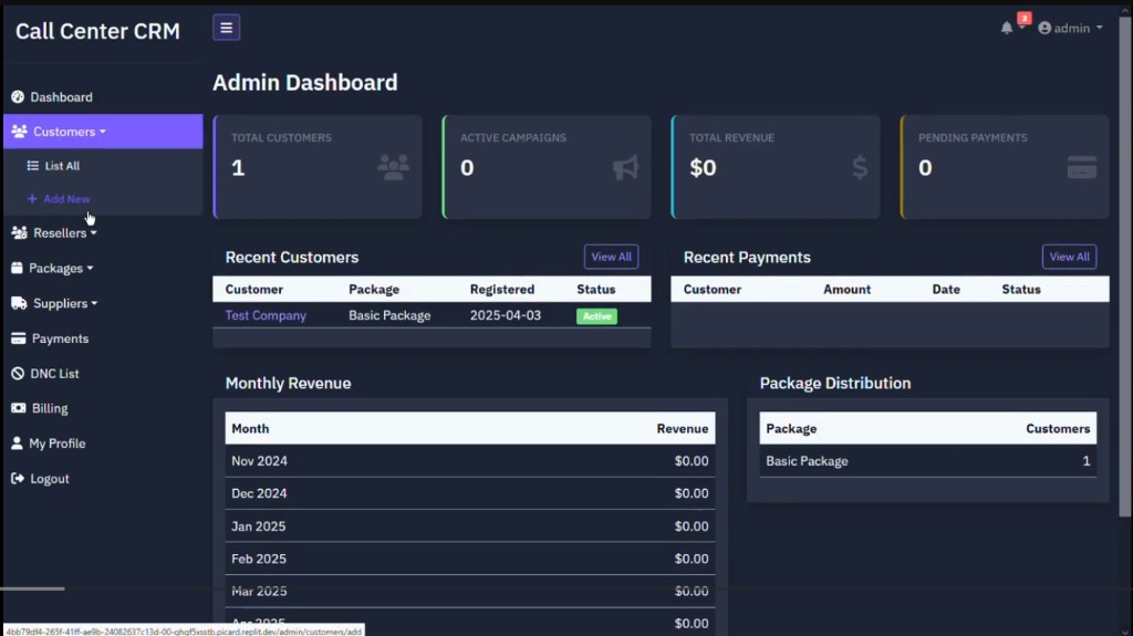 Call Center CRM admin dashboard — customers, resellers, packages, DNC list, billing and multi-tenant control plane