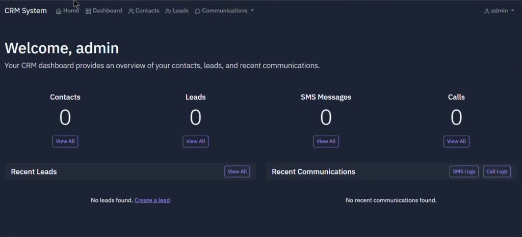 CRM System dashboard — contacts, leads, SMS messages and calls on one VoIP CRM workspace
